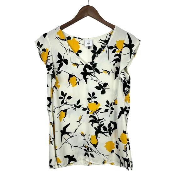 Cabi 3963 Swallowtail Floral White Black Yellow Bird Gold Flower Flutter Blouse - Picture 3 of 9